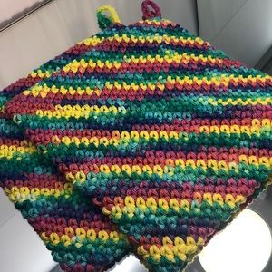 Hand crochet cotton potholders double thick rainbow of colors new with tags
